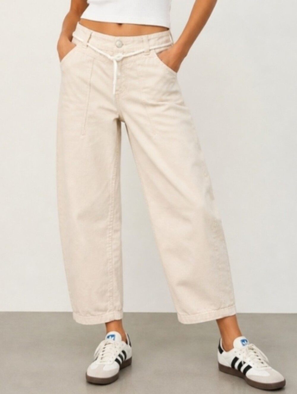 Topshop Cream Utility Barrel Leg Jeans w/ Drawstring Waist – US 4